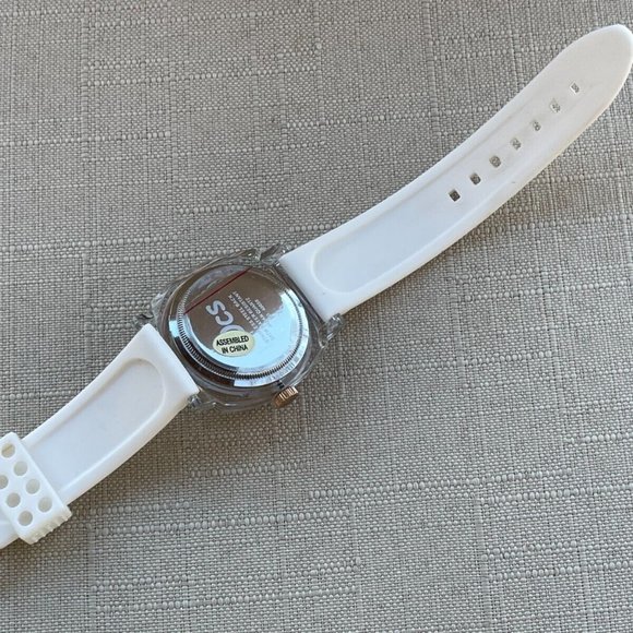 TOCS Wristwatch Gold Tone Case Quartz Analog Unisex Watch White Rubber Band - Picture 10 of 11